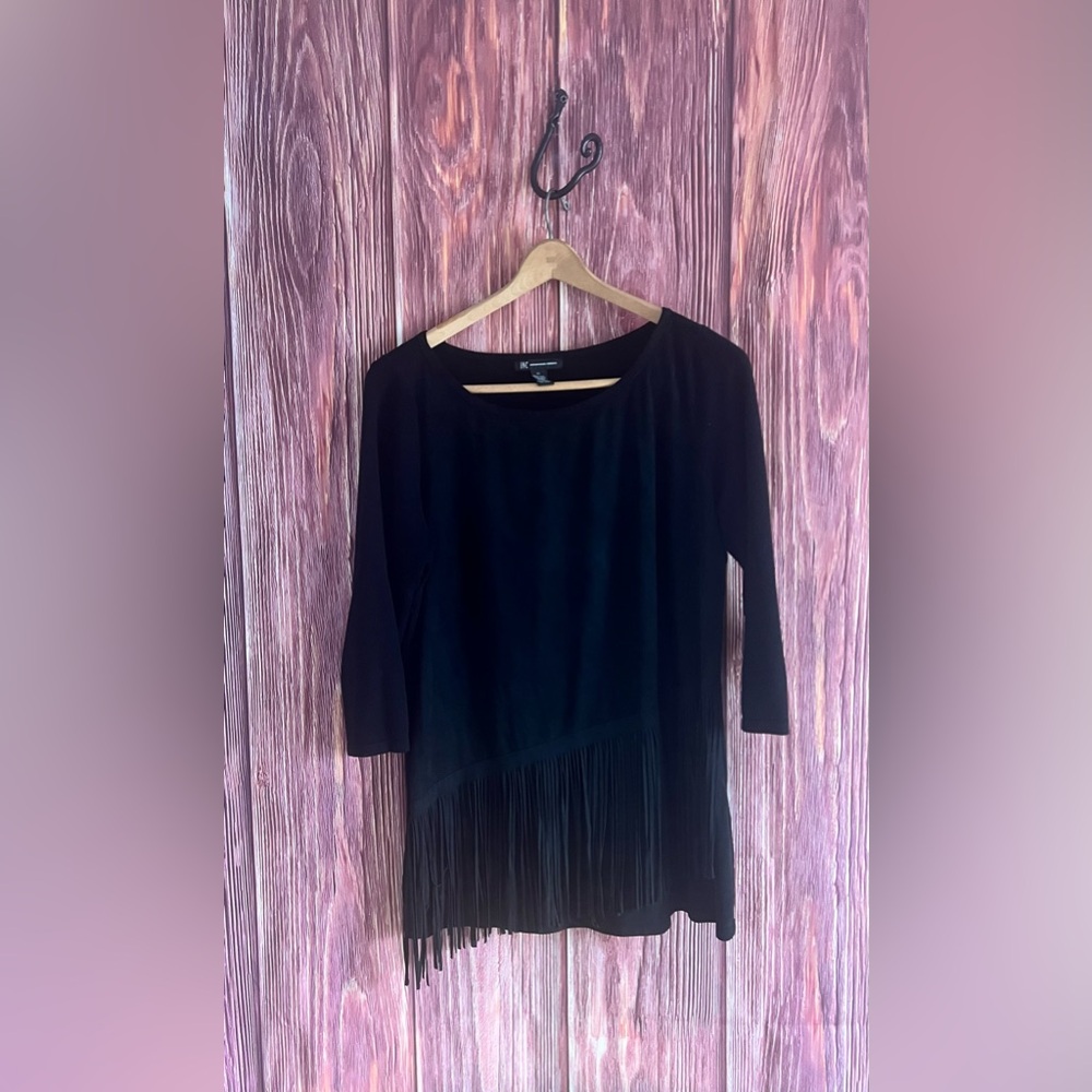Black quarter sleeve tunic shirt with fringe